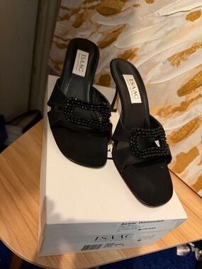 Isaac Mizrahi Black Beaded Buckle Slide Mules